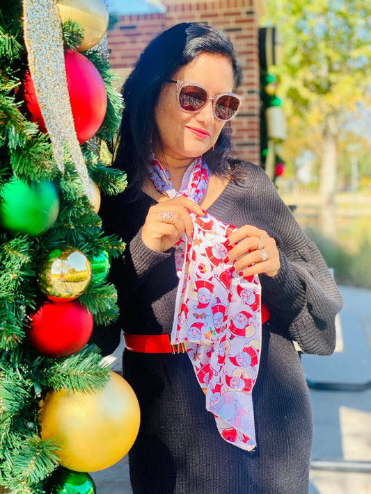 Santa Claus Printed Cream & Multicolor Satin Christmas Holiday Scarf Stole