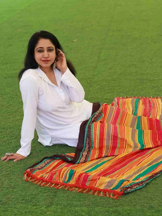 Multicoloured Striped Printed Art Silk Crushed Dupatta