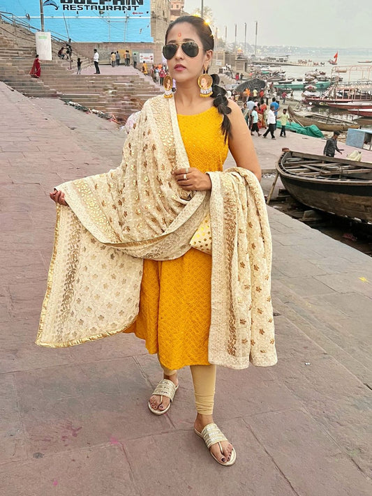 Cream Georgette Lucknowi Work dupatta with Gotta Patti Work