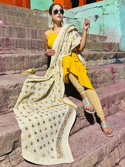 Cream Georgette Lucknowi Work dupatta with Gotta Patti Work