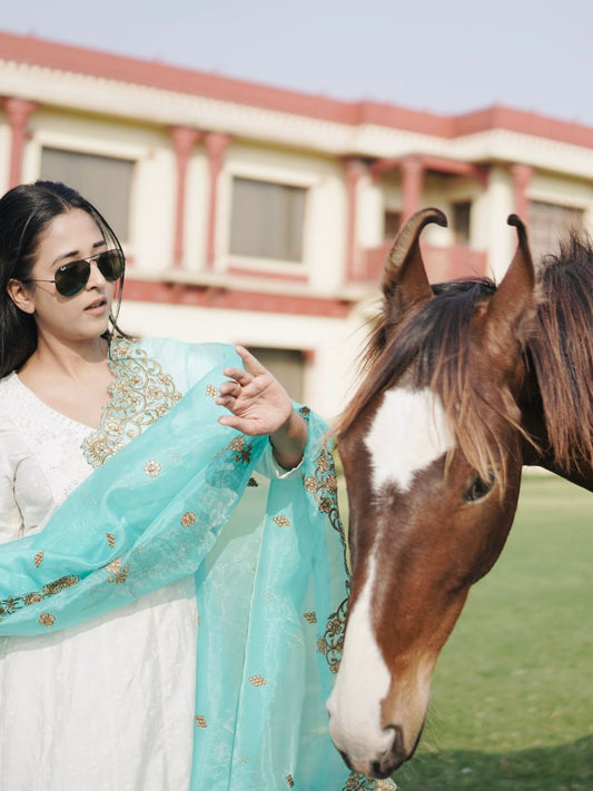 Sea Green Embroidered Glass Tissue Dupatta with Gold Cutwork