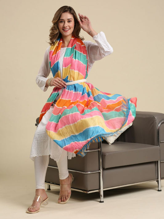 Pastel Multicoloured Striped Printed Art Silk Crushed Dupatta