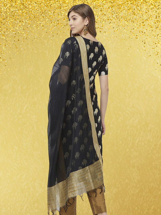 Black Cotton Silk Dupatta with Gold Border.