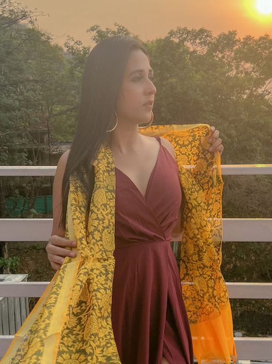 Yellow & Black Cotton Silk Printed Dupatta