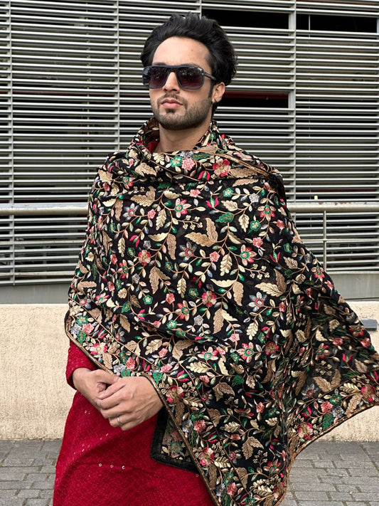 Men's Black Dupatta with Heavy Multicolour Embroidery for Kurta/Sherwani/Achkan