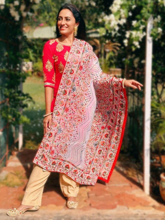 White Georgette Dupatta with Heavy Embroidery & Mirror Work
