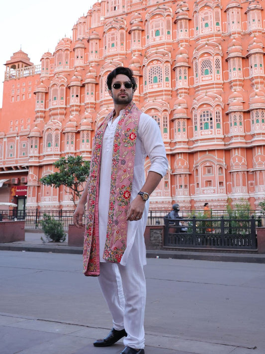 Multicoloured Floral Heavily Embroidered Men's Blush Pink Georgette Dupatta for Kurta/Sherwani/Achkan