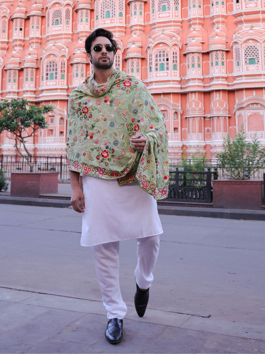 Multicoloured Floral Heavily Embroidered Men's Pastel Green Hued Georgette Dupatta for Kurta/Sherwani/Achkan