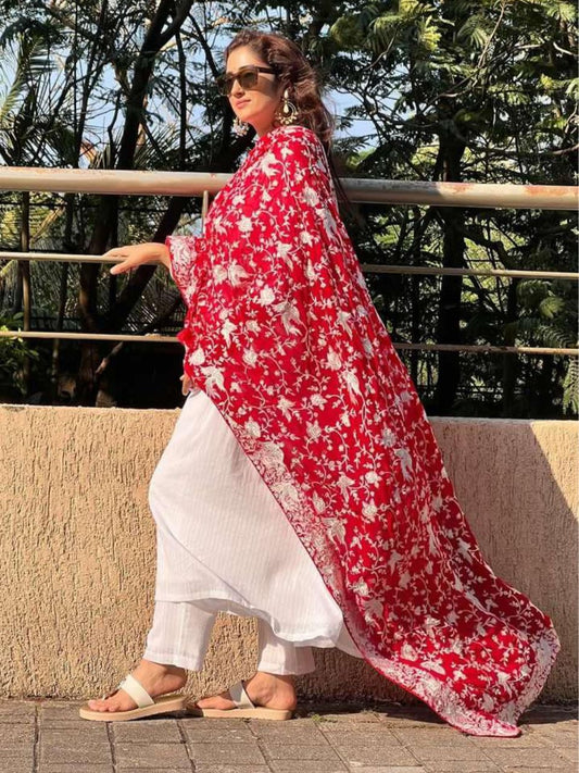 Embroidered Parsi Gara Red Georgette Dupatta with White Thread Work