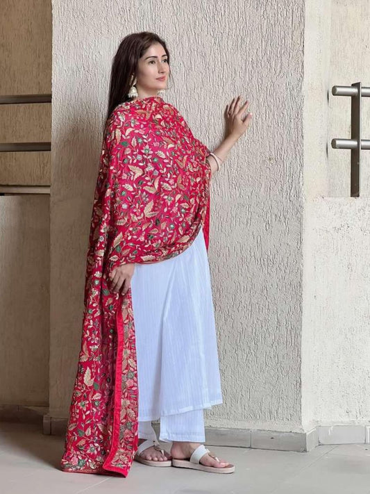 Red Dupatta with Heavy Multicolour Embroidery