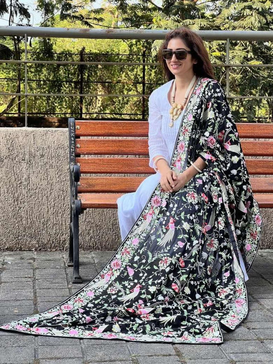 Parsi Gara Thread Work Embroidered Georgette Black & Multicolour Dupatta