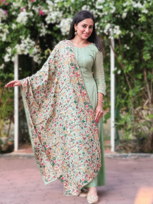 Pista Green Dupatta with Heavy Multicolour Embroidery