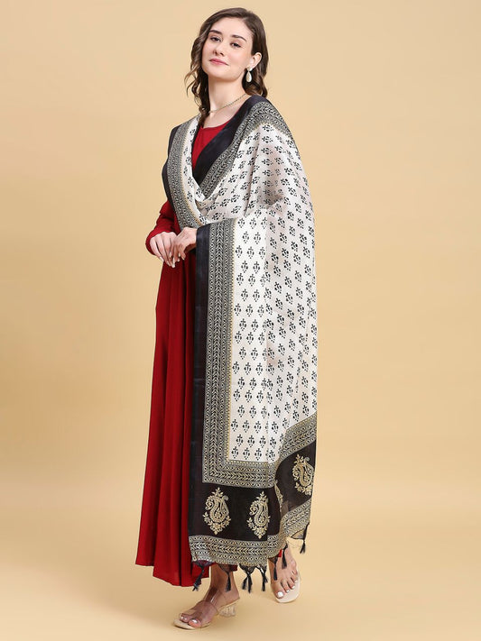 White & Black Printed Art Silk Dupatta