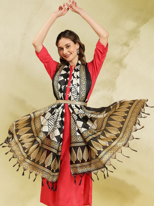 White, Black & Beige Printed Art Silk Dupatta