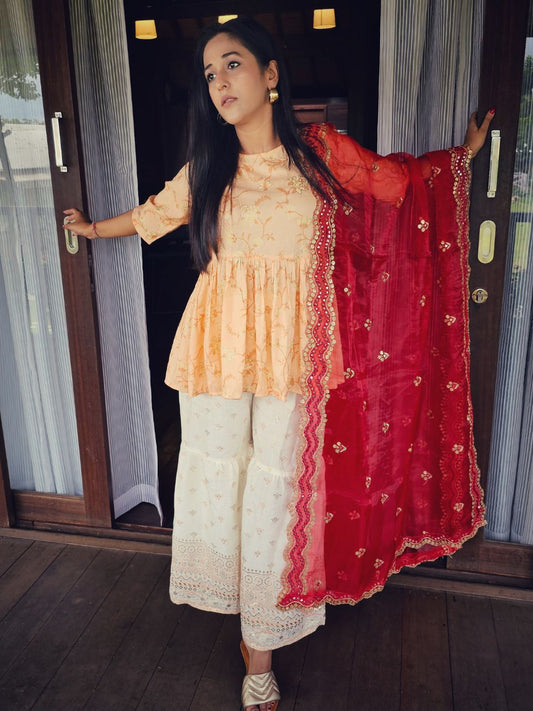 Embroidered Red Glass Tissue Dupatta with Mirror Work