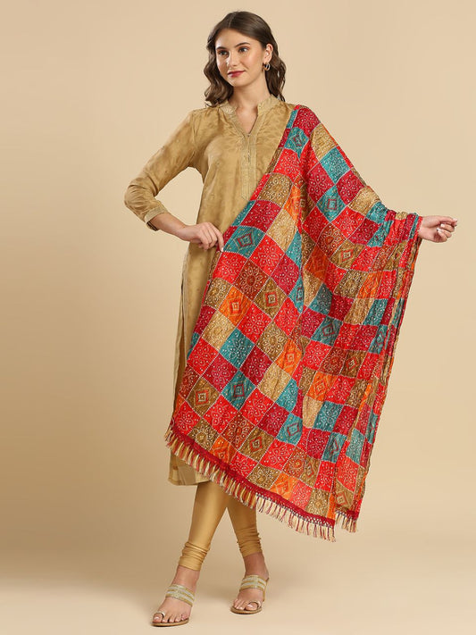Multicoloured Bandhani Printed Art Silk Crushed Dupatta