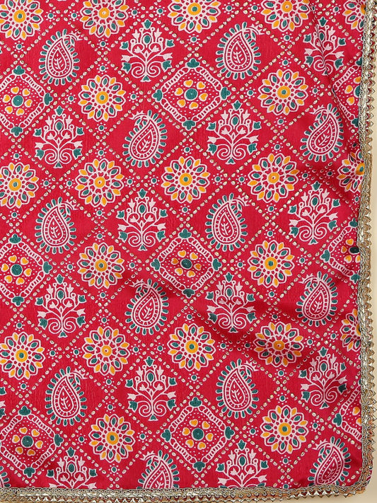 Rani Pink Printed Poly Chinnon Dupatta