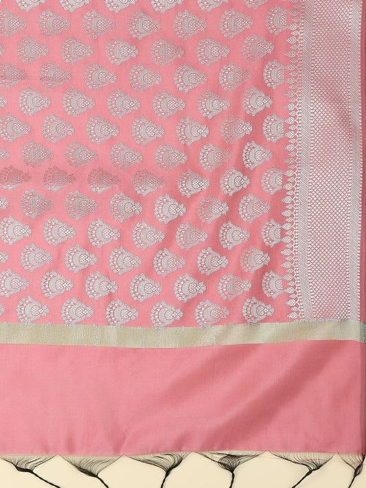 Onion Pink Banarasi Silk Dupatta with Silver Border