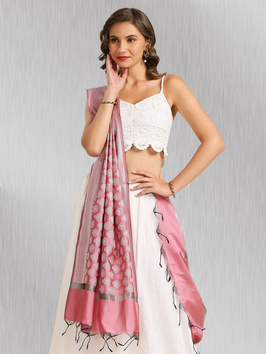 Onion Pink Banarasi Silk Dupatta with Silver Border