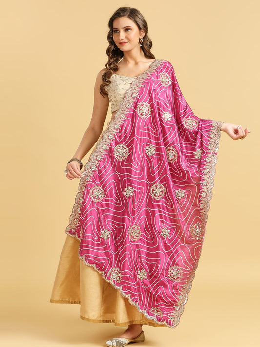 Printed & Embroidered Wine Chinon Dupatta with Scalloped Border