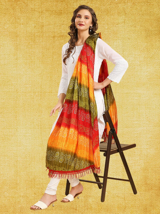 Multicolour Printed Bandhini Art Silk Crushed Dupatta