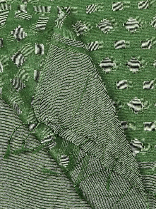 Sage Green Cotton Blend Dupatta with Self Designed Organza Sheer Border