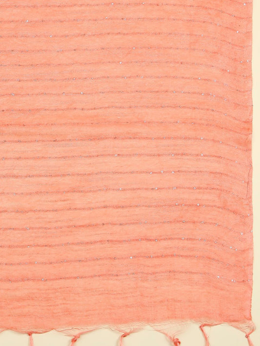 Peach Sequined Cotton Silk Dupatta
