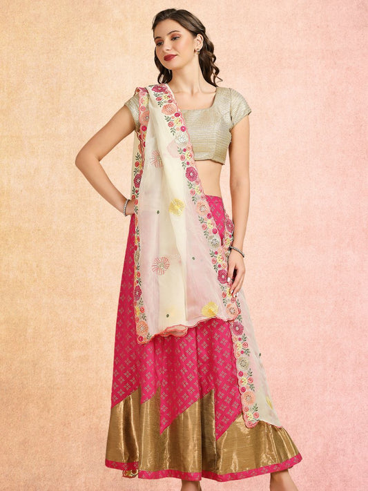 Cream Organza Dupatta with Multicolour Embroidery and Sequins Work
