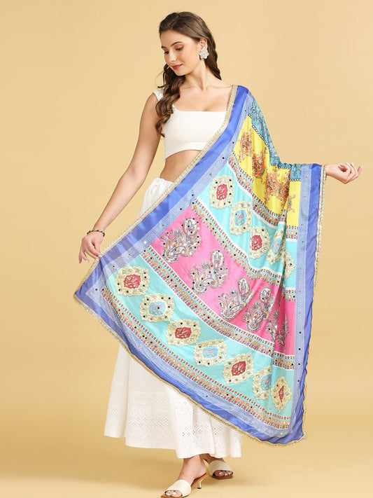 Digitally Printed Blue & Multicoloured Pakistani Chinnon Dupatta with Mirror Work
