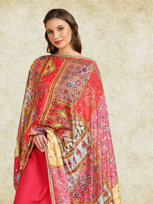 Digitally Printed Multicoloured Pakistani Chinnon Dupatta with Mirror Work