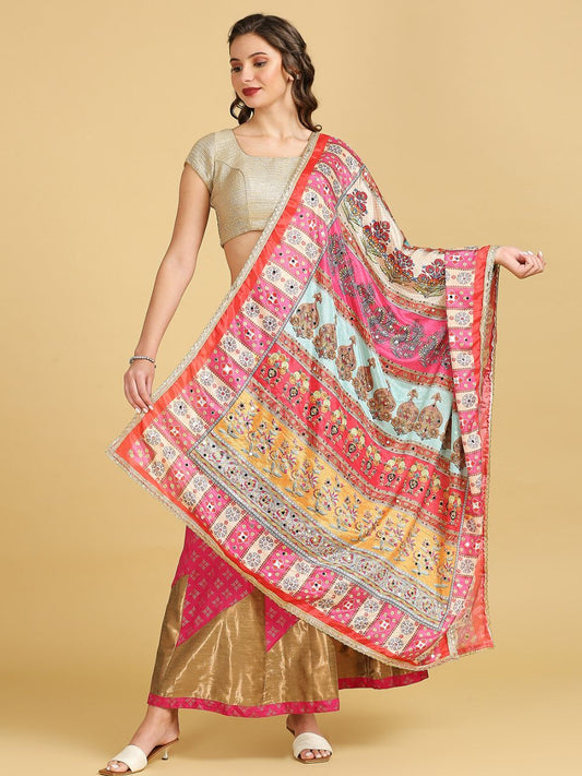 Digitally Printed Multicoloured Pakistani Chinnon Dupatta with Mirror Work