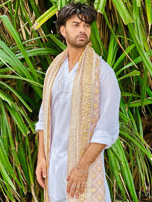 Baby Pink Georgette Lucknowi Work dupatta with Gotta Patti Work Men's Dupatta for Kurta/Sherwani/Achkan