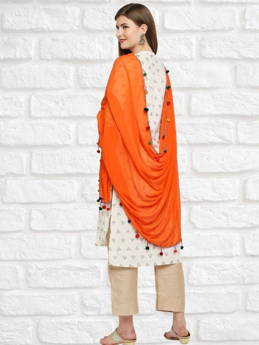Orange Chiffon Dupatta with Multicoloured Pompom