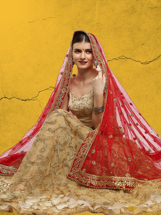 Embroidered Red Bridal & Wedding Wear Net Dupatta