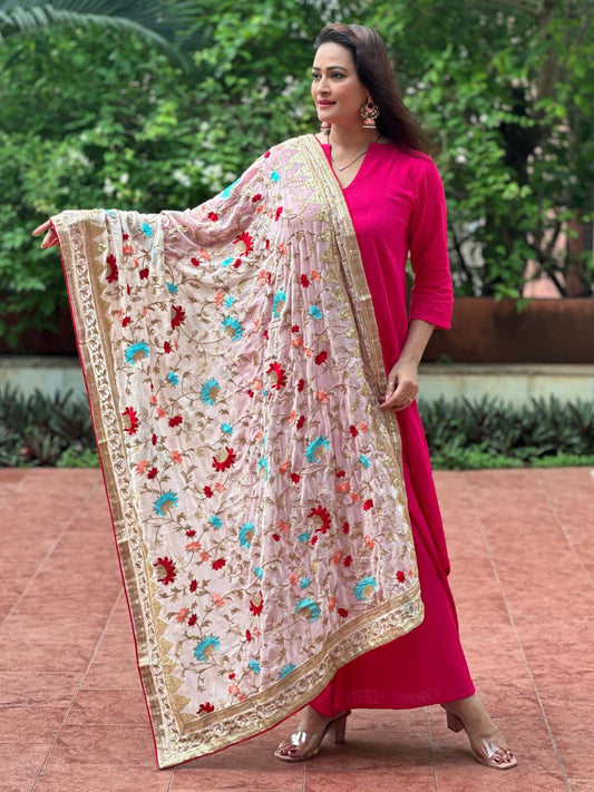 White & Multicolour Embroidered Georgette Dupatta