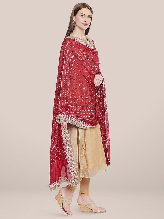Maroon Bandhini Silk dupatta with Gotta Patti Border. freeshipping - Dupatta Bazaar