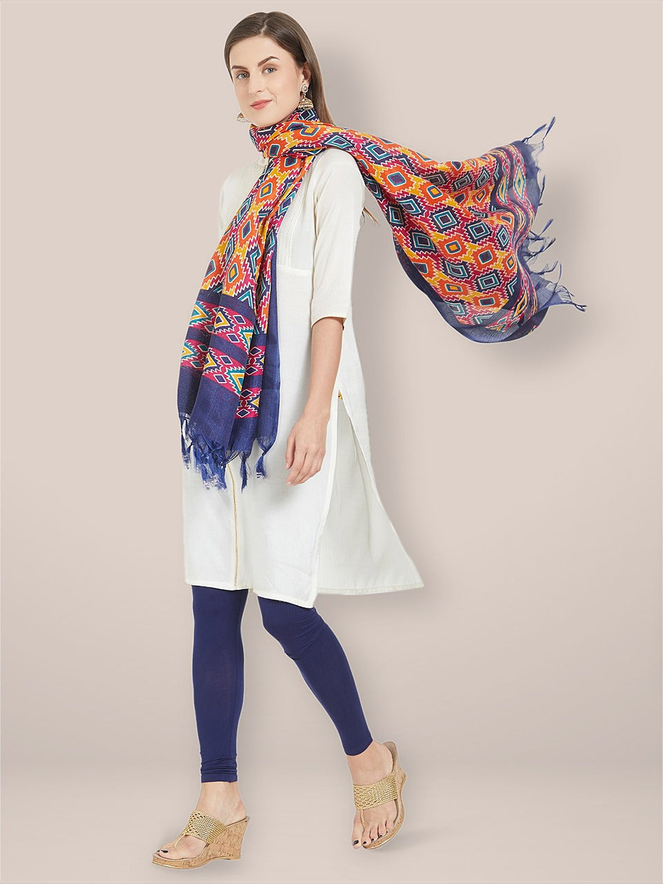 Multicolour Blue Printed Silk dupatta freeshipping - Dupatta Bazaar