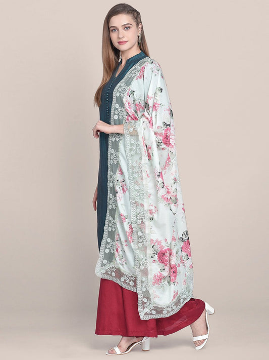 Light Green & Multicoloured Printed Muslin Dupatta freeshipping - Dupatta Bazaar