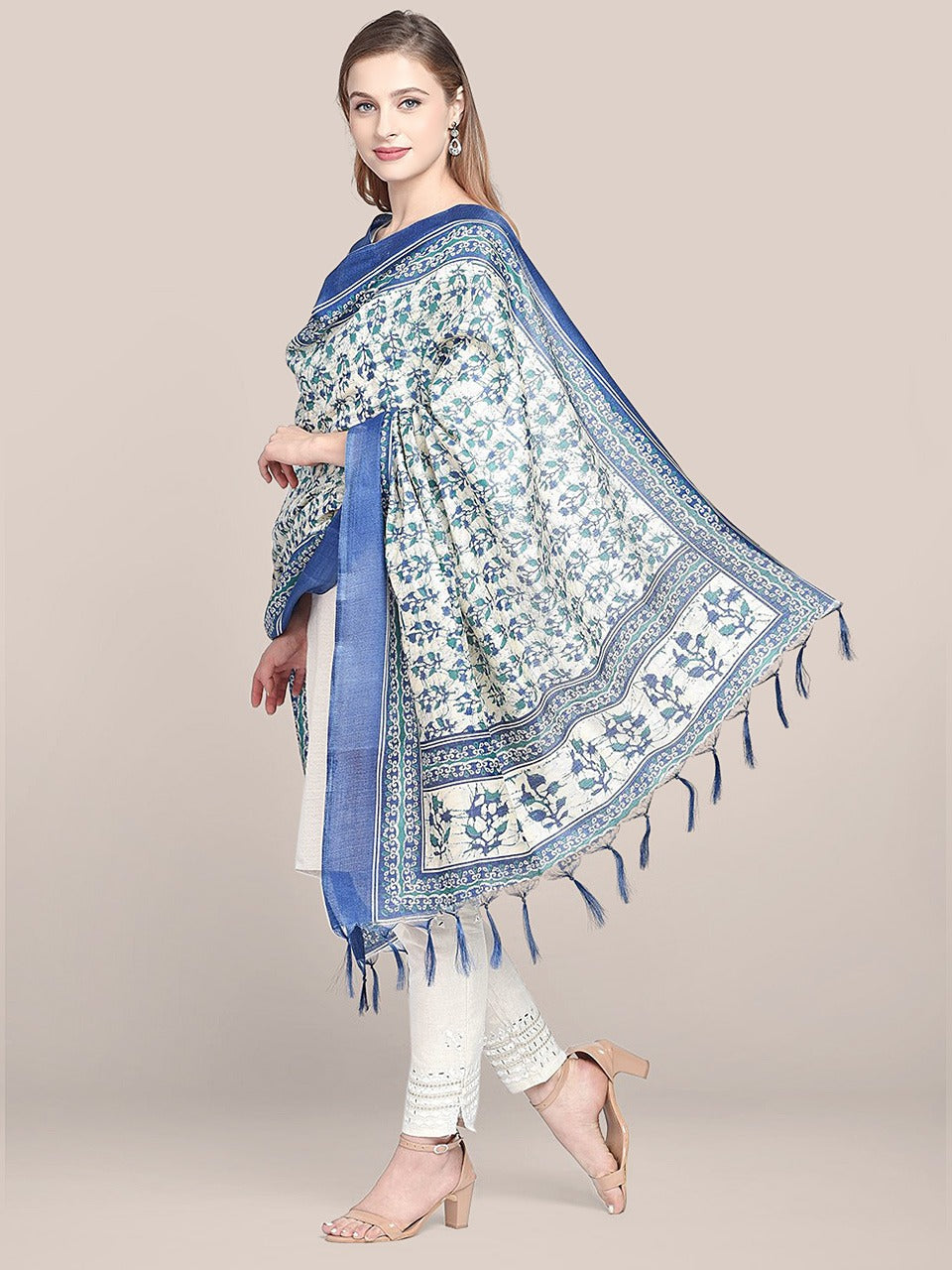 Printed Blue & Green Art Silk Dupatta freeshipping - Dupatta Bazaar