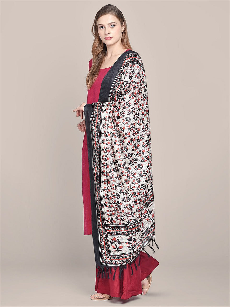 Printed Black & Red Art Silk Dupatta freeshipping - Dupatta Bazaar