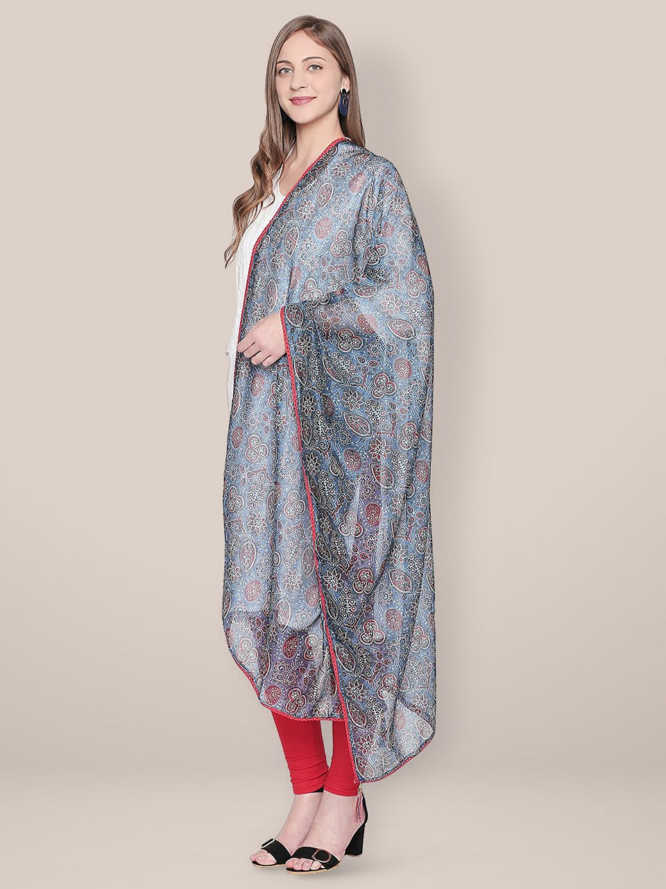 Indigo Printed Art Silk Dupatta with lace freeshipping - Dupatta Bazaar