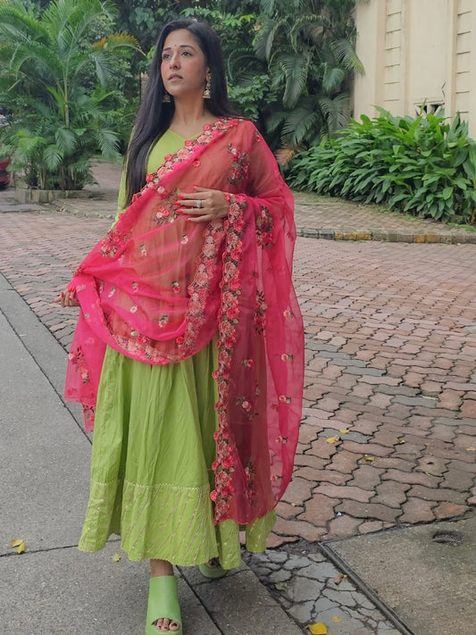 Pink Organza Dupatta with Multicolor Floral Embroidery
