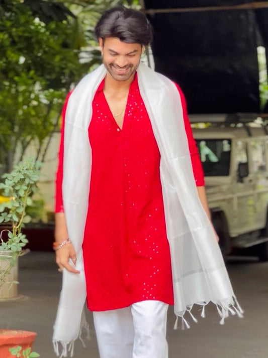 Men's Silver Silk Dupatta for Kurta/Sherwani/Achkan