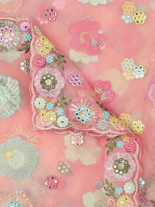 Blush Pink Net Dupatta with Multicolour Embroidery and Sequins Work