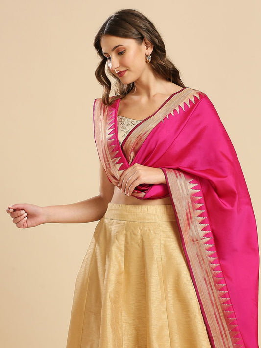 Rani Pink Banarasi Silk Dupatta with Temple Border