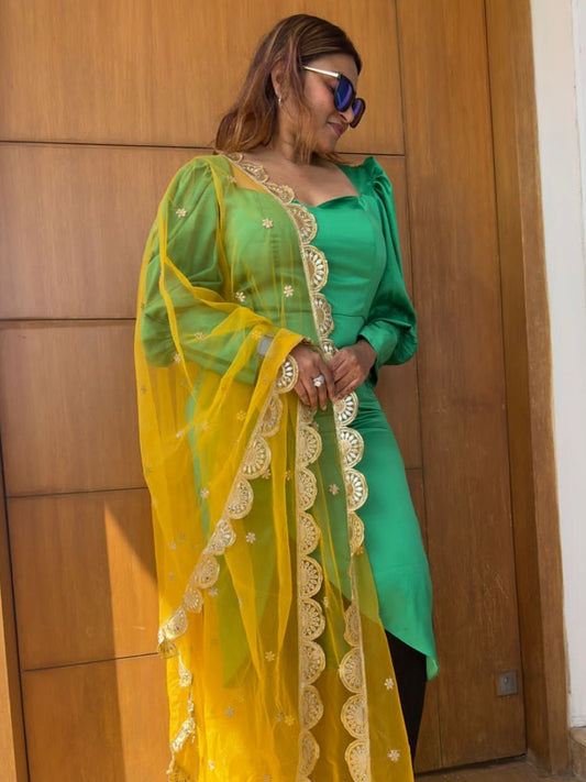 Embroidered Yellow Net Dupatta with Scallops