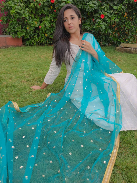 Embellished Net Teal Blue Dupatta