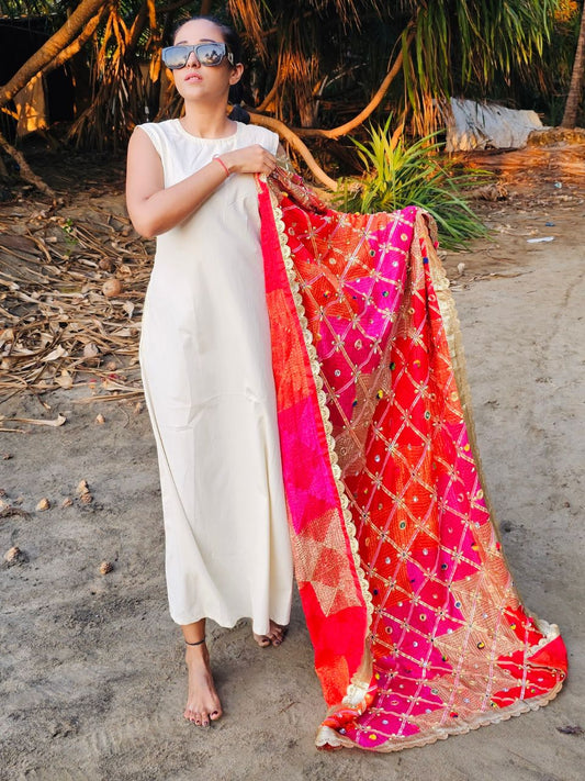Multicoloured Embellished Phulkari Chiffon Dupatta