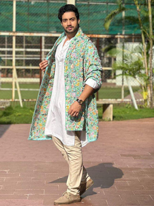 Men's Aqua Marine Blue & Multi Parsi Gara Work Dupatta for Kurta/Sherwani/Achkan