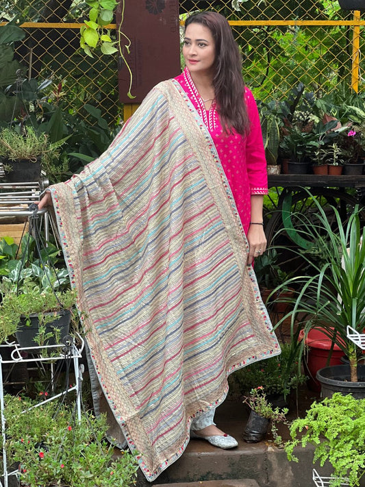 Grey Striped Sequence & Pastel Embroidery Dupatta